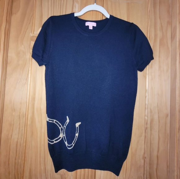 Lilly Pulitzer Merino Wool Horseshoe Navy Short Sleeve Sweater - Picture 2 of 4